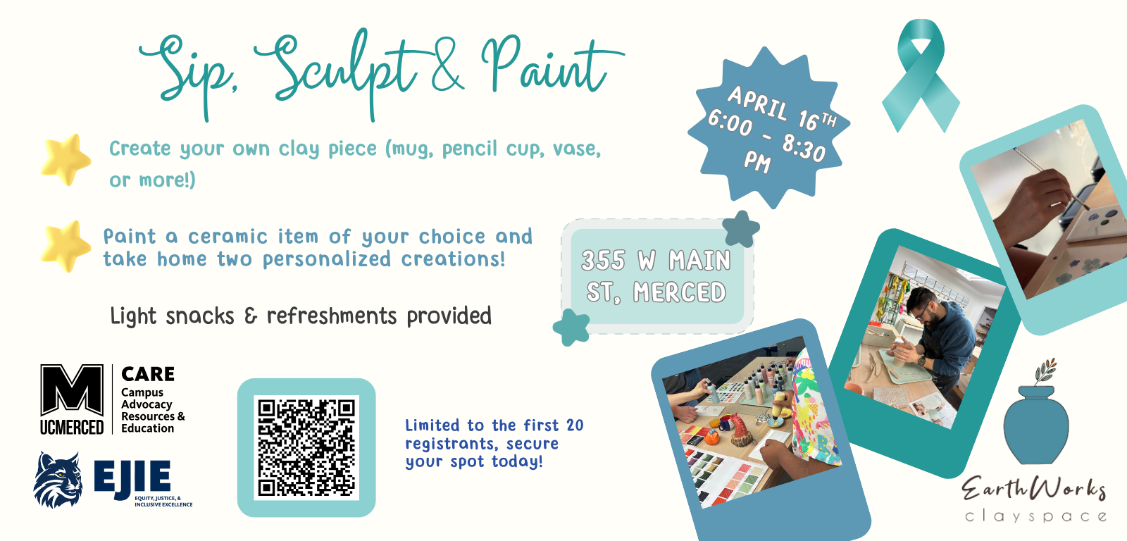 Sip, Sculpt & Paint banner with images of scultors using clay and painting ceramics. Event details are on the webpage. 